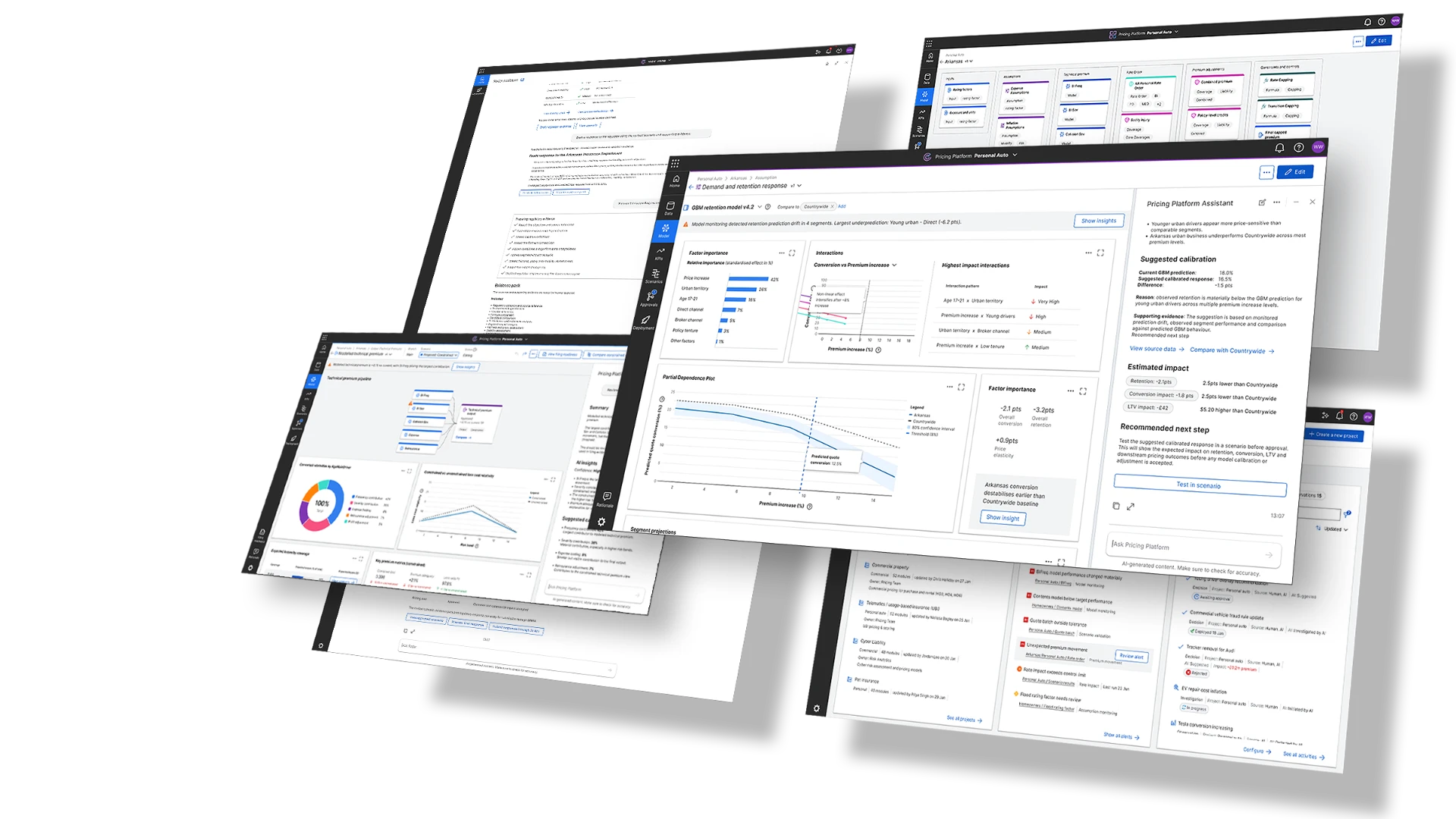 Connected views of an enterprise pricing platform: portfolio performance, investigation, scenario comparison, decision review and AI-assisted evidence